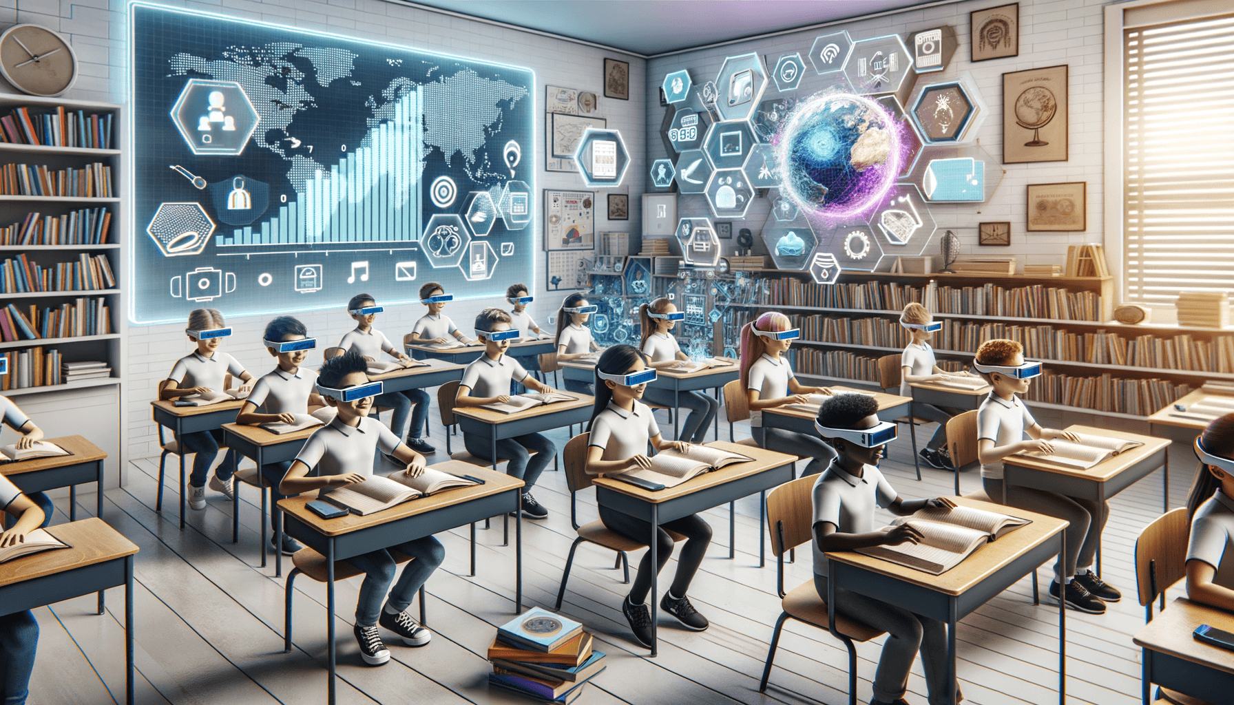 "Excited students exploring a 3D solar system via augmented reality in a futuristic classroom setting."