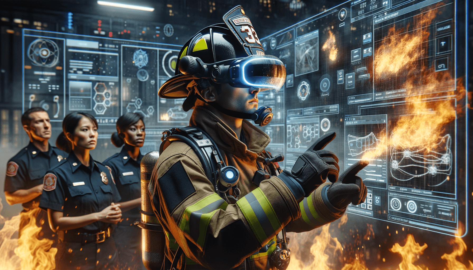 Firefighter wearing AR headset amidst virtual fire and smoke, showcasing Gravity Jack's advanced AR training technology.