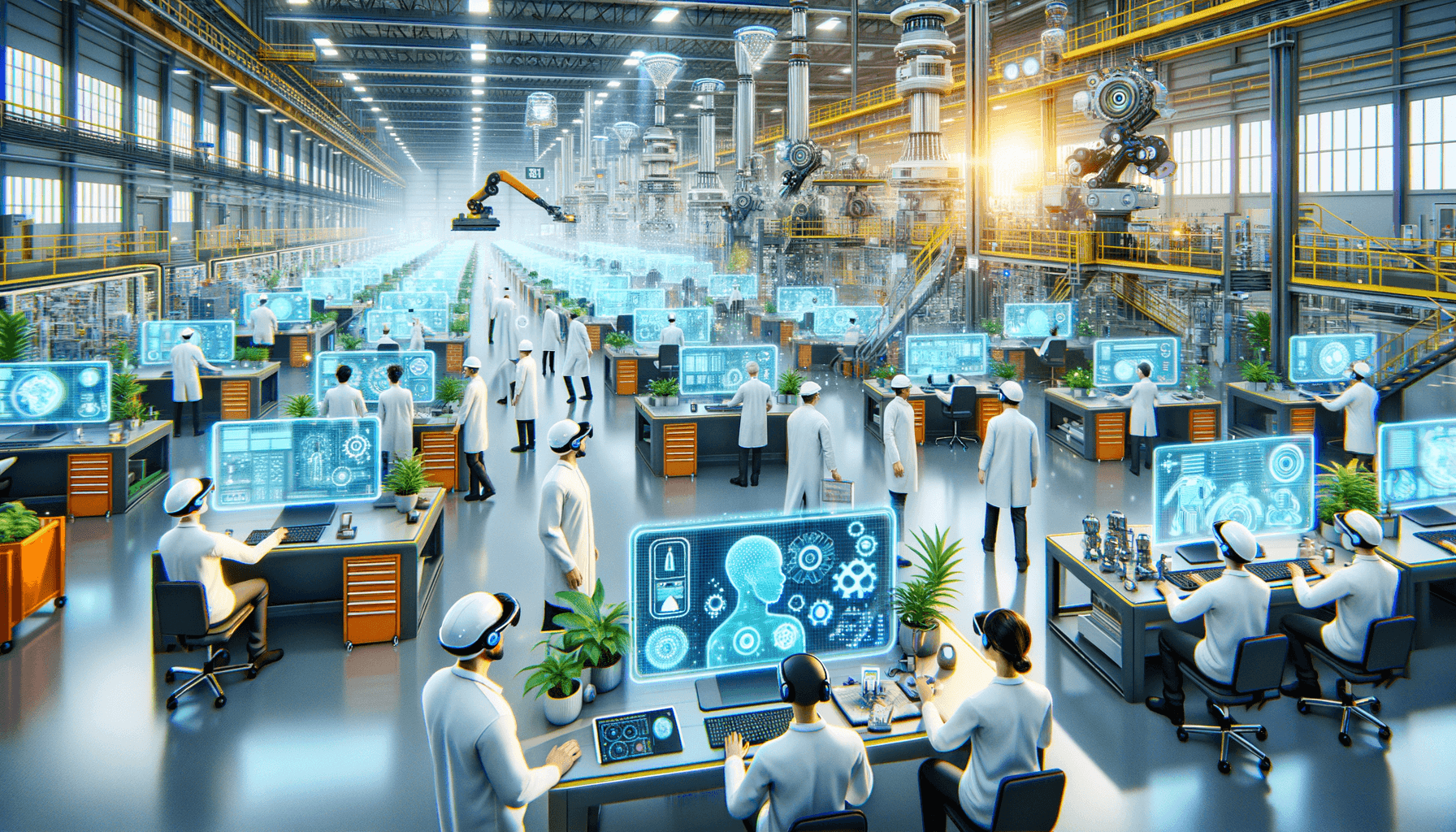 "Engineers using AR and VR innovations in futuristic manufacturing, driving AI efficiency and sustainable design in the 2030 industry landscape."